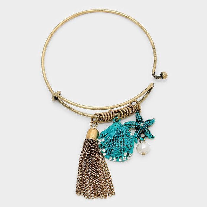 Turquoise Metal chain tassel & starfish charm hook bracelet - Jewelry Store by Erik Rayo
