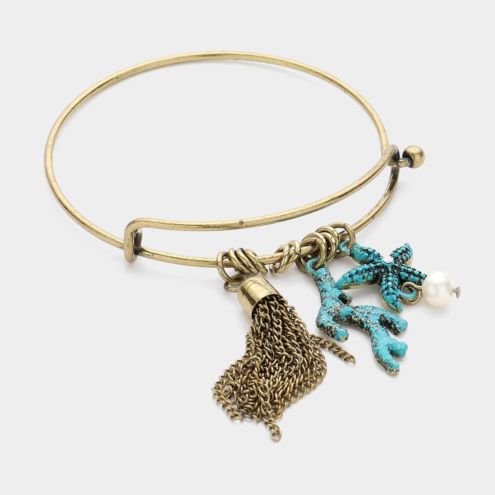 Turquoise Metal Chain Tassel & Starfish Pearl Coral Charm Hook Bracelet