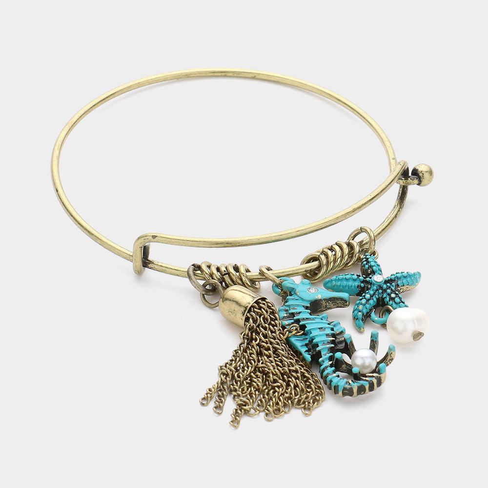 Turquoise Metal Chain Tassel & Seahorse Starfish Pearl Charm Hook Bracelet