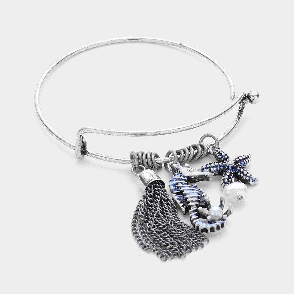 White Metal Chain Tassel & Seahorse Starfish Pearl Charm Hook Bracelet