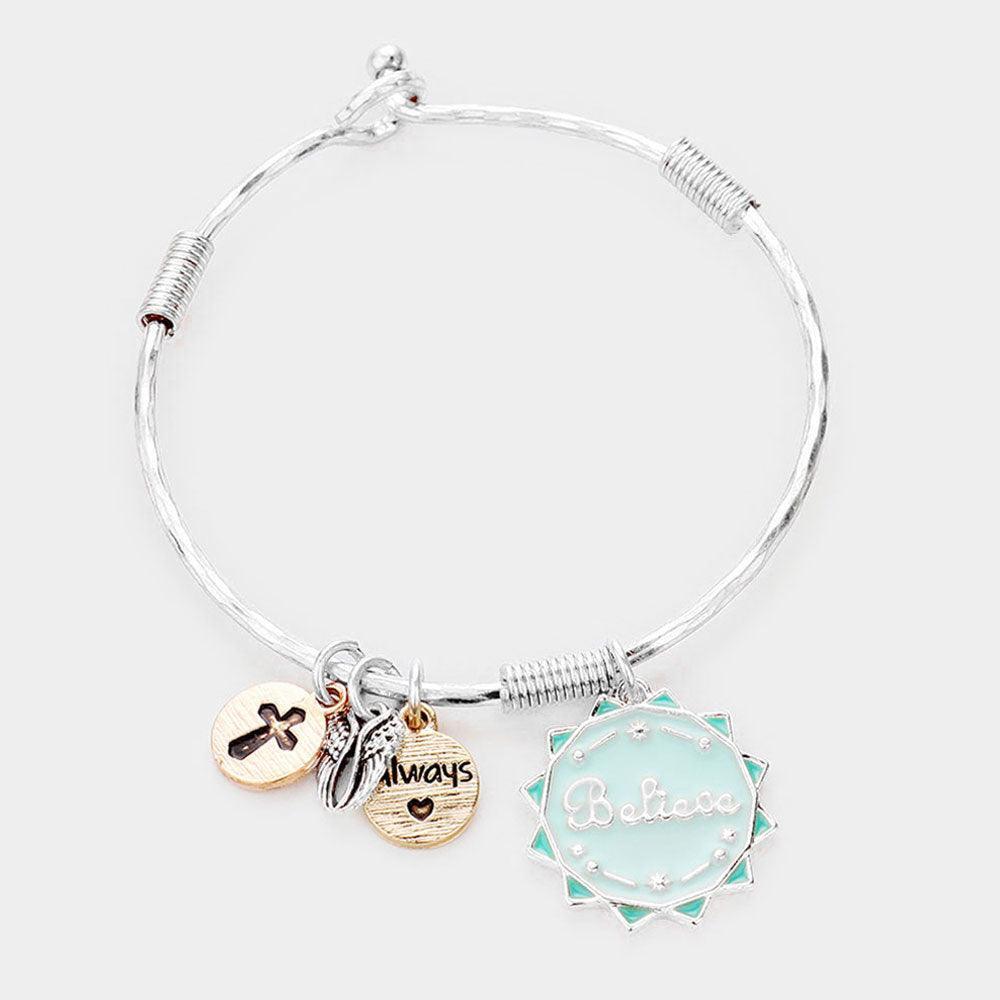 Silver Believe Metal Cross Wings Charm Hook Bracelet - Jewelry Store by Erik Rayo