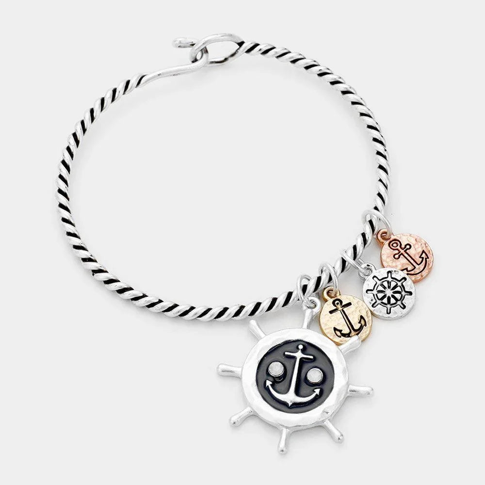 Three Tone Anchor Ship Heel Charm Hook Bracelet - Jewelry Store by Erik Rayo
