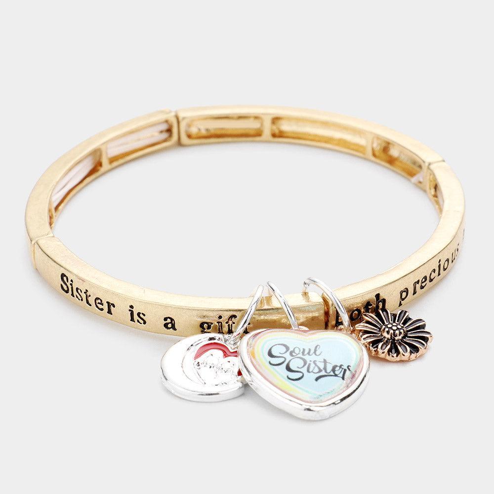 Three Tone Sister is a gift, both precious and rare...Message Charm Stretch Bracelet - Jewelry Store by Erik Rayo