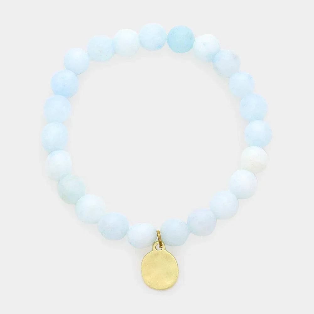 Blue Natural Stone Hammered Metal Charm Stretch Bracelet - Jewelry Store by Erik Rayo