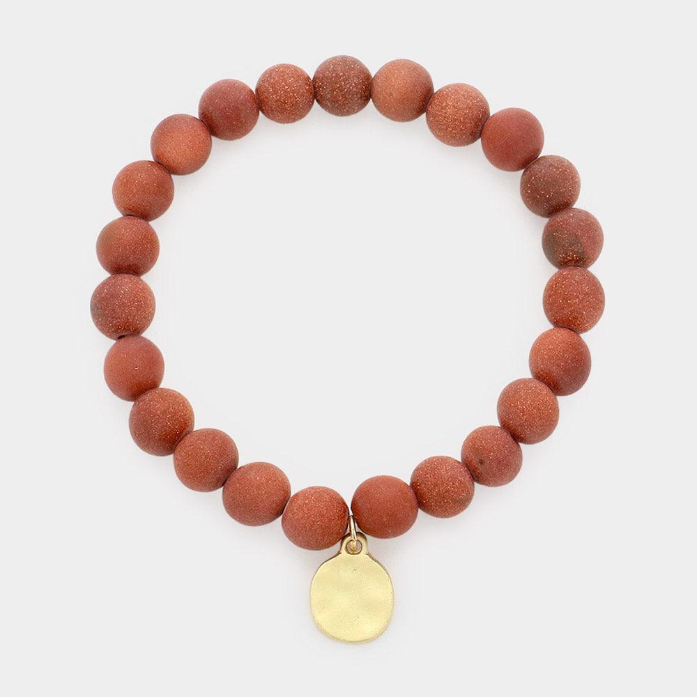 Brown Natural Stone Hammered Metal Charm Stretch Bracelet - Jewelry Store by Erik Rayo