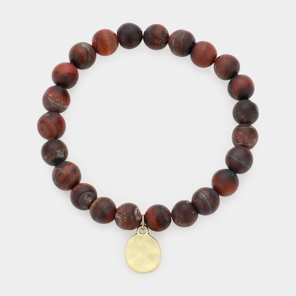 Brown Natural Stone Hammered Metal Charm Stretch Bracelet - Jewelry Store by Erik Rayo