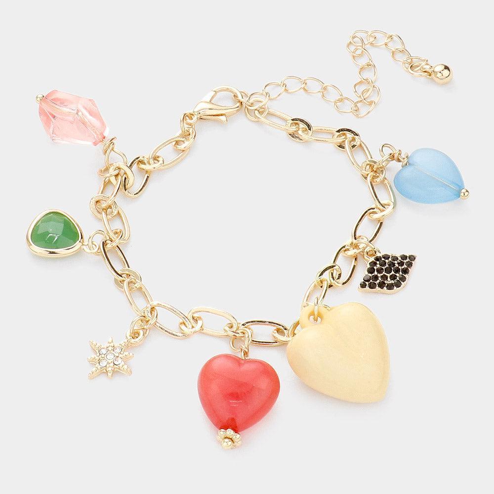 Gold Heart Bead Rhinestone Embellished North Star Charm Station Bracelet - Jewelry Store by Erik Rayo