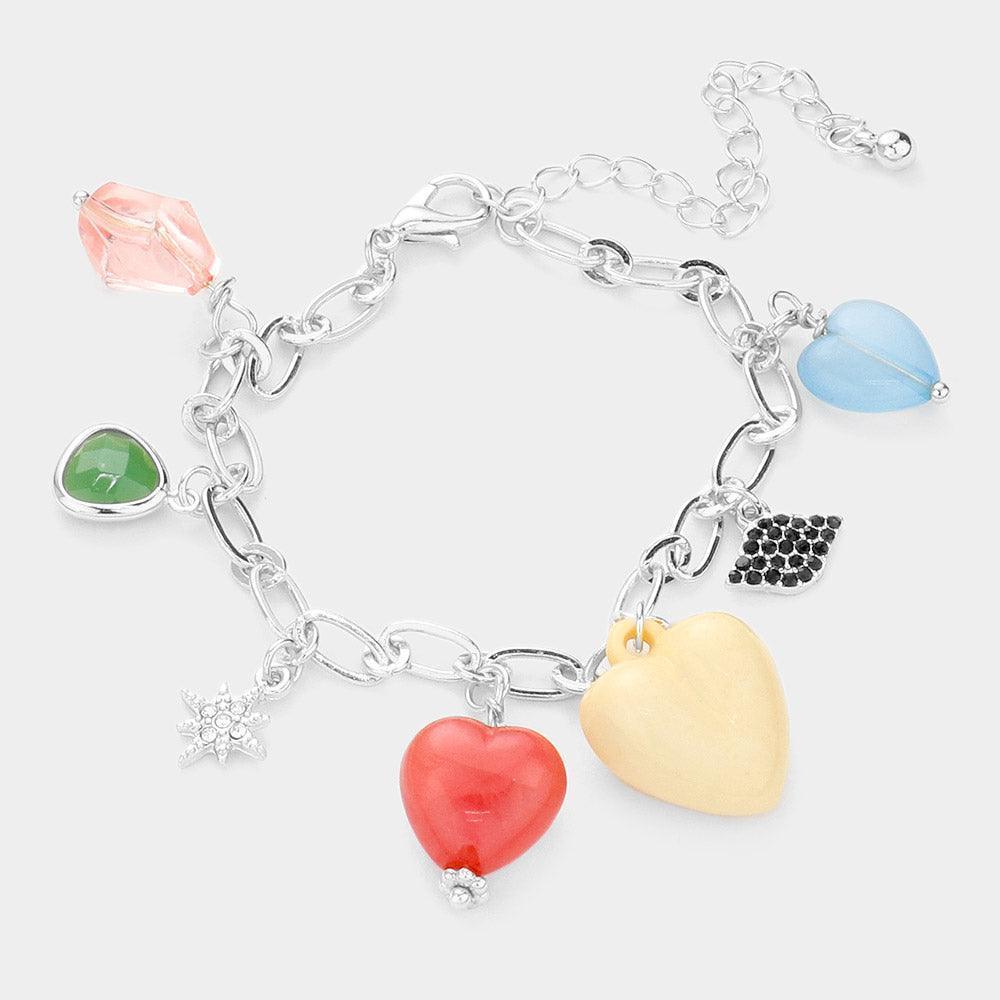 Heart Bead Rhinestone Embellished North Star Charm Station Bracelet - Jewelry Store by Erik Rayo
