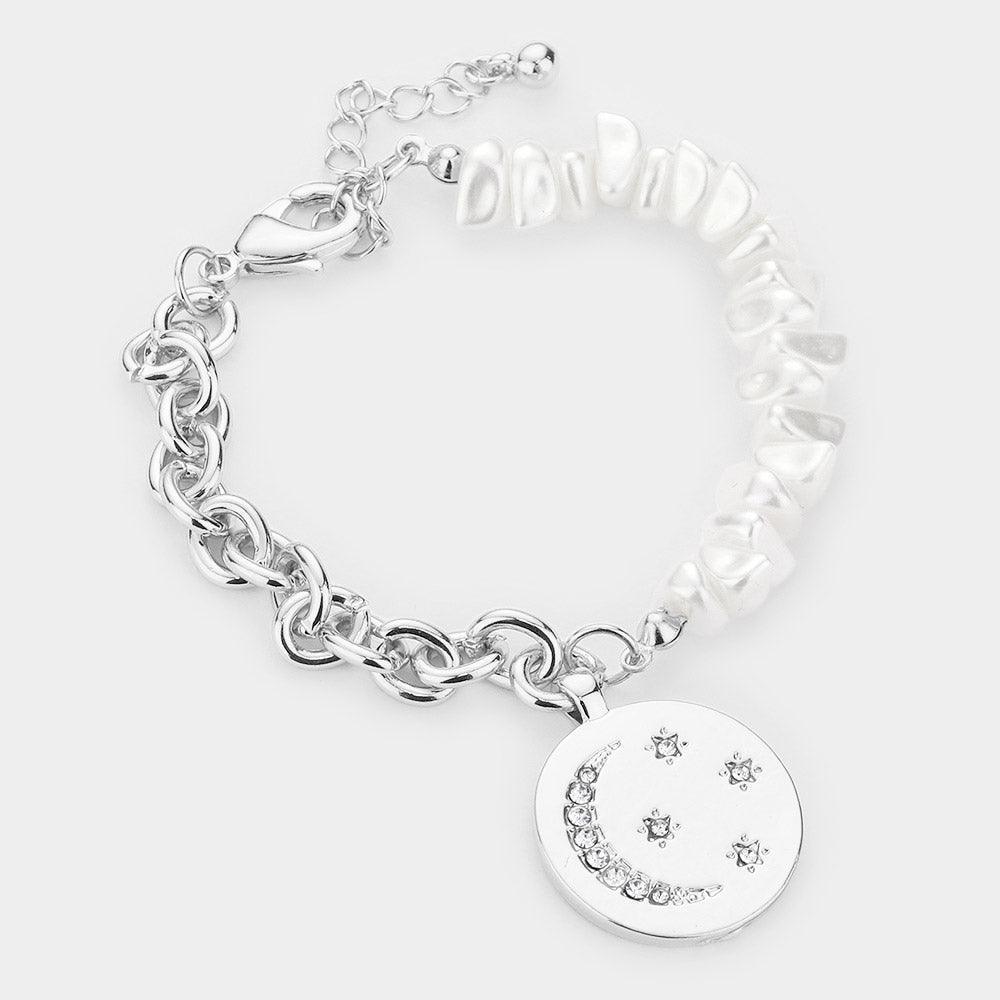 Rhinestone Embellished Crescent Moon Star Metal Disc Charm Pearl Bracelet - Jewelry Store by Erik Rayo