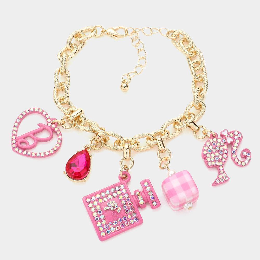Pink Barbie Pink Heart B Monogram Teardrop Stone Perfume Charm Bracelet - Jewelry Store by Erik Rayo