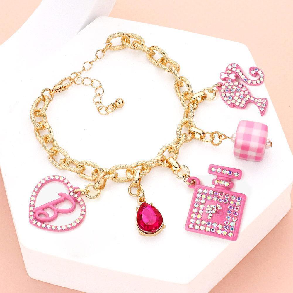 Pink Barbie Pink Heart B Monogram Teardrop Stone Perfume Charm Bracelet - Jewelry Store by Erik Rayo