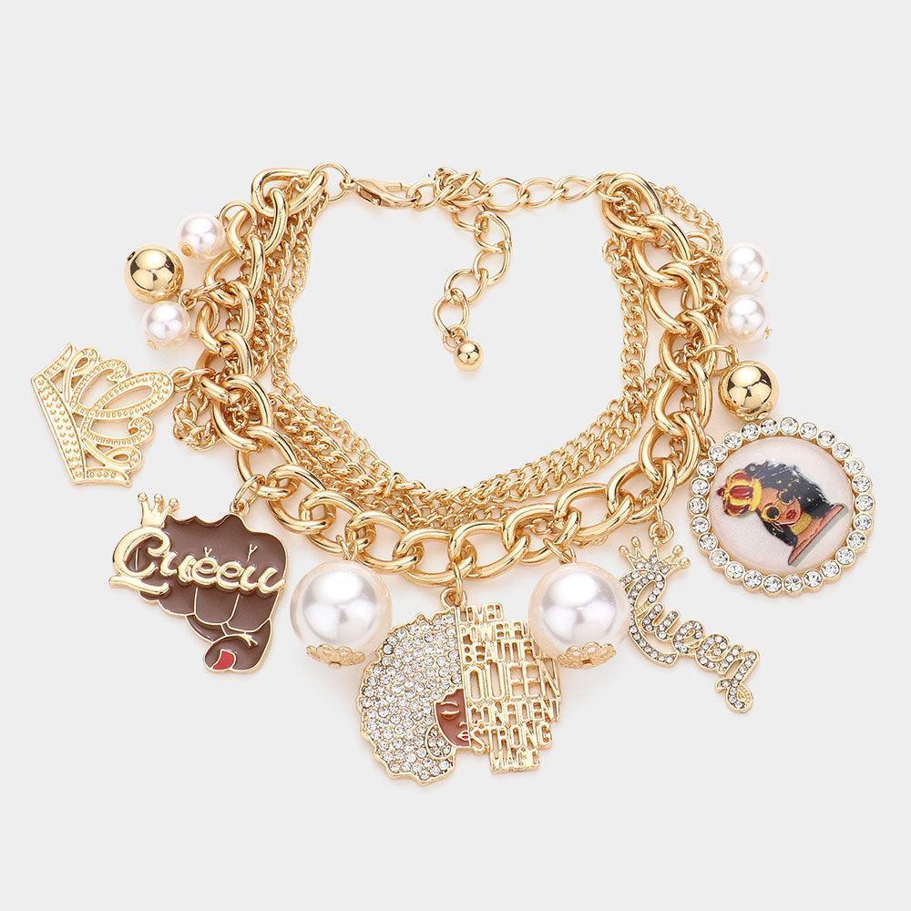 Gold Pearl Crown Queen Message Afro Girl Charm Multi Layered Bracelet - Jewelry Store by Erik Rayo