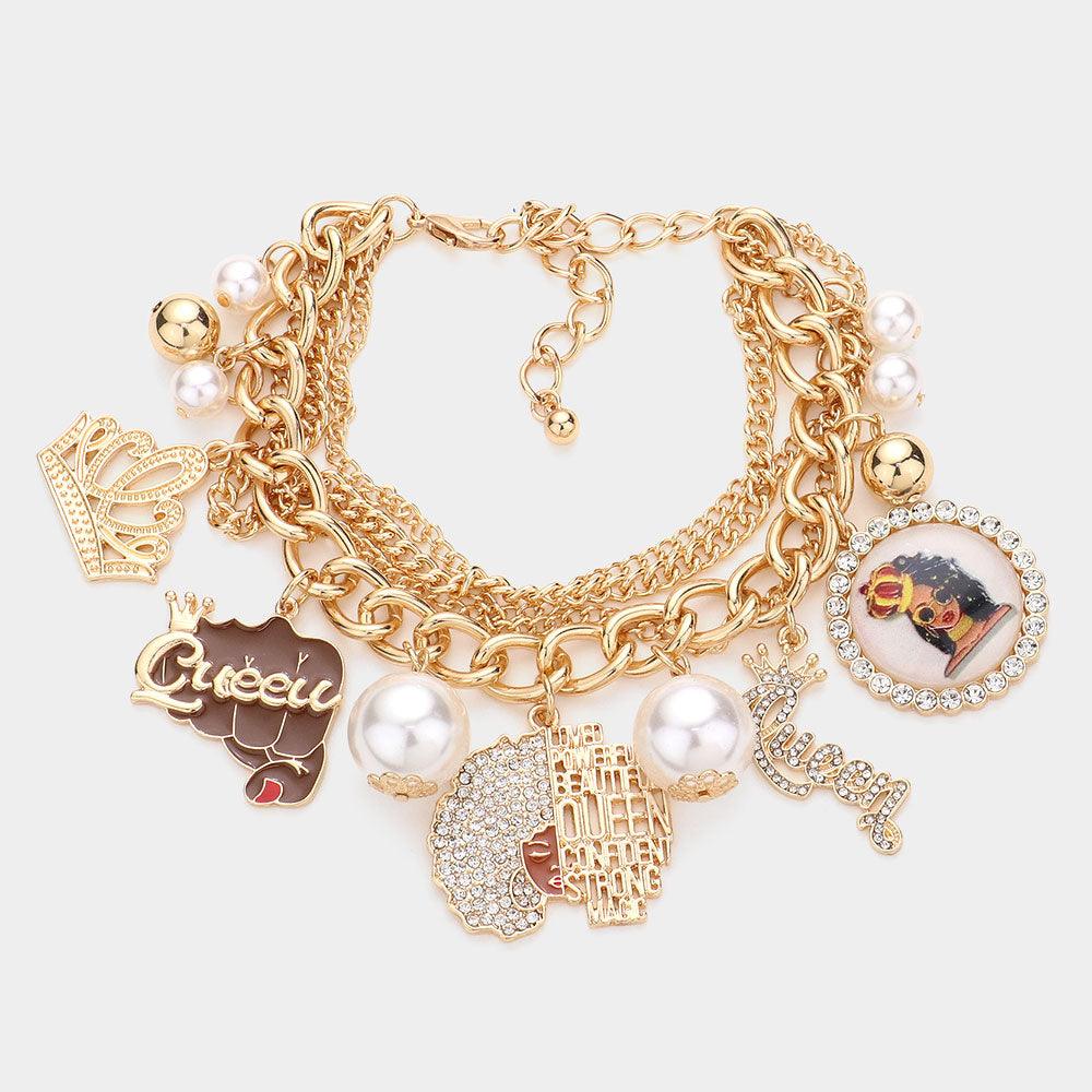 Gold Pearl Crown Queen Message Afro Girl Charm Multi Layered Bracelet