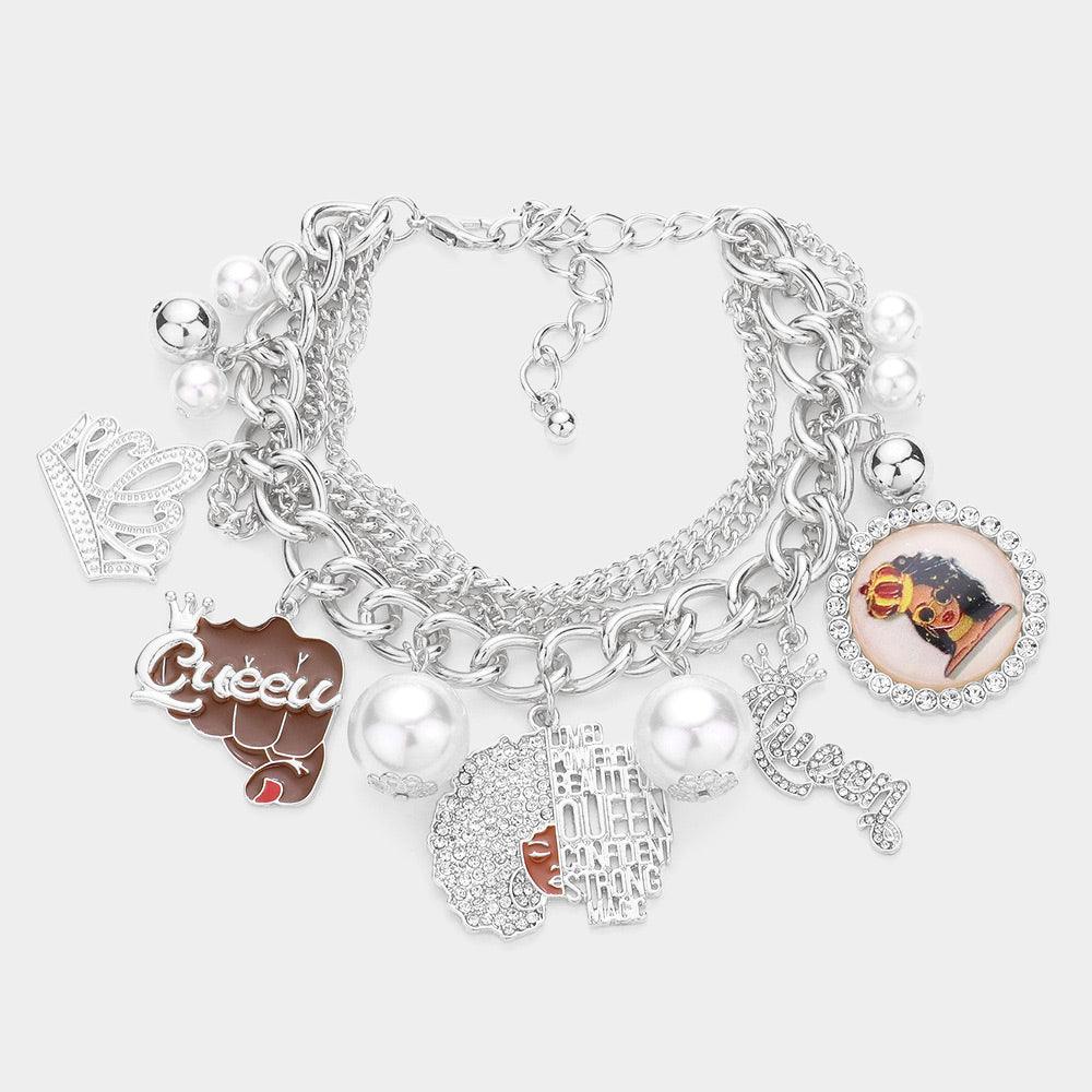 Pearl Crown Queen Message Afro Girl Charm Multi Layered Bracelet