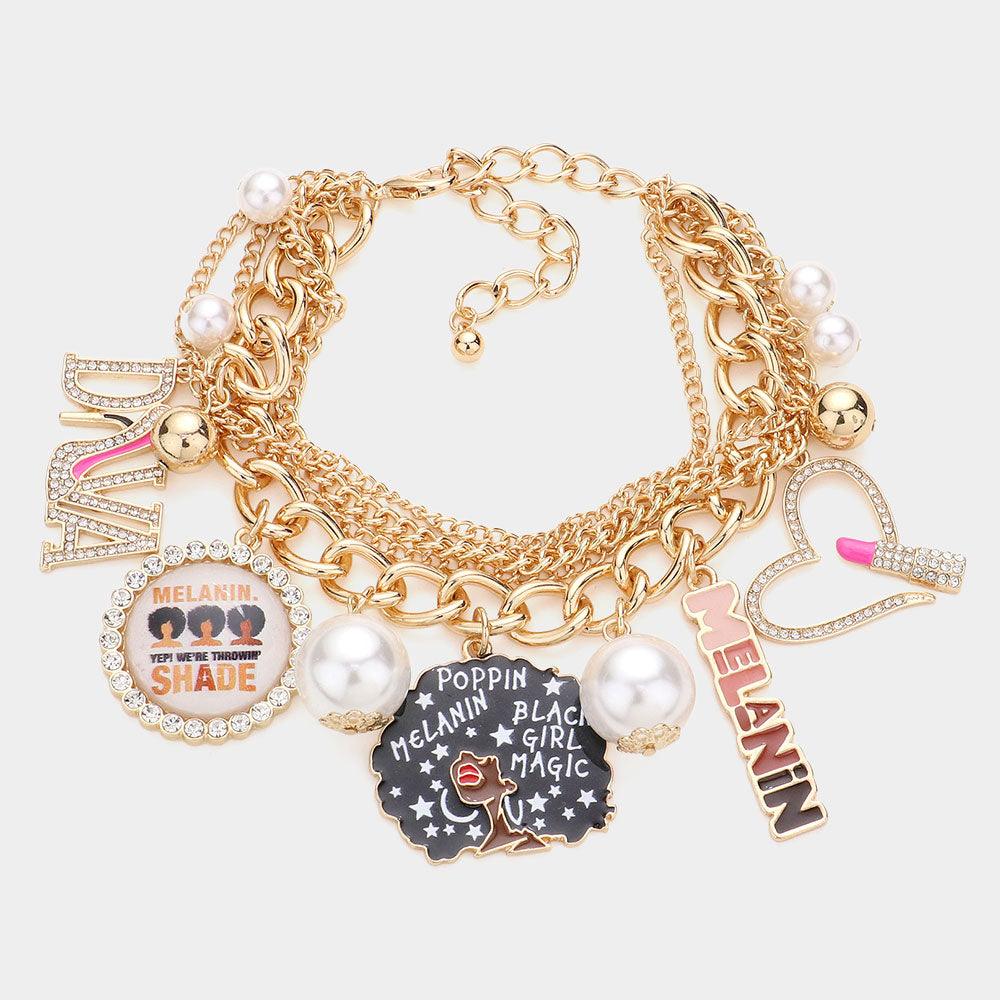 Gold Pearl Stiletto Heel Pointed Diva Melanin Message Afro Girl Heart Lipstick Charm Multi Layered Bracelet