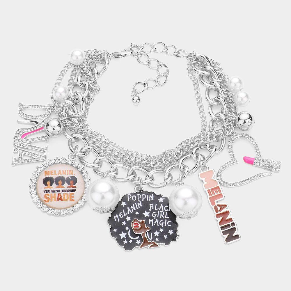 Pearl Stiletto Heel Pointed Diva Melanin Message Afro Girl Heart Lipstick Charm Multi Layered Bracelet - Jewelry Store by Erik Rayo