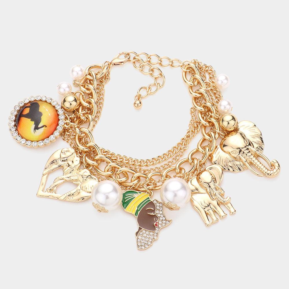 Gold Pearl Elephant Heart Afro Girl Charm Multi Layered Bracelet