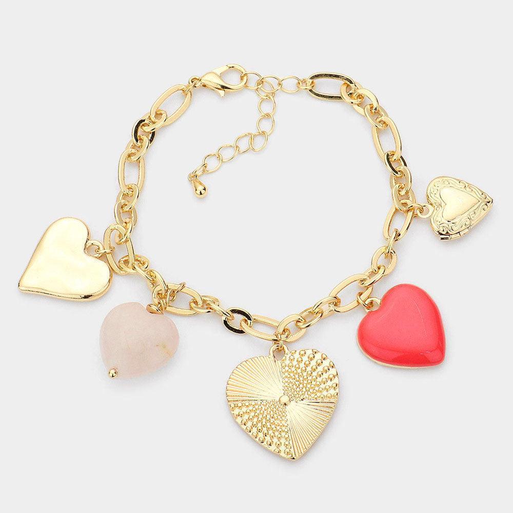 Pink Semi Precious Enamel Metal Heart Charm Station Bracelet - Jewelry Store by Erik Rayo