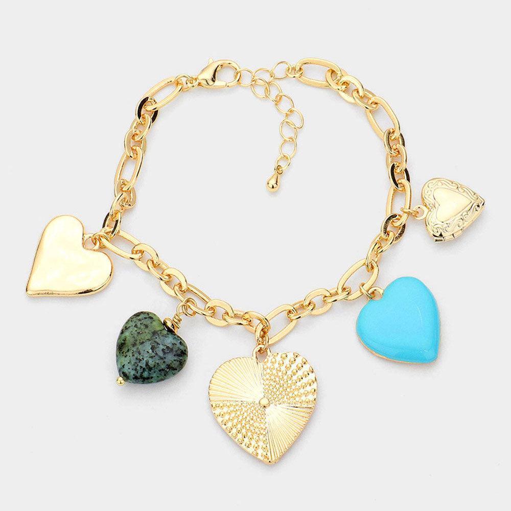 Turquoise Semi Precious Enamel Metal Heart Charm Station Bracelet - Jewelry Store by Erik Rayo
