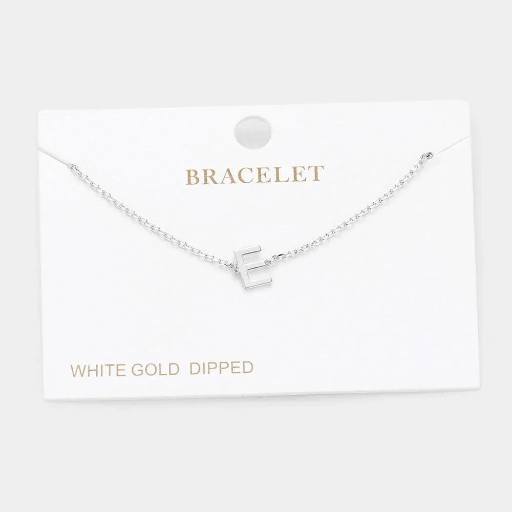Letter E White Gold Dipped Metal Monogram Charm Bracelet - Jewelry Store by Erik Rayo