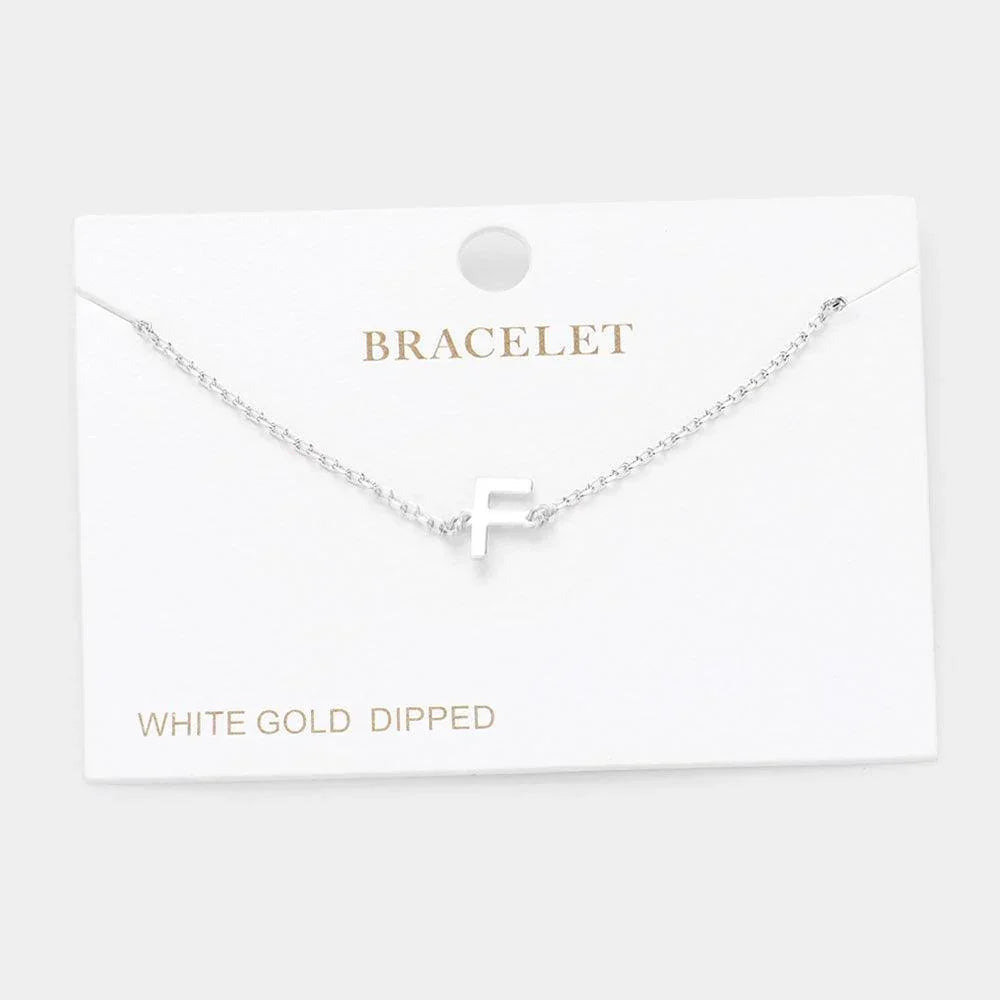 Letter F White Gold Dipped Metal Monogram Charm Bracelet - Jewelry Store by Erik Rayo