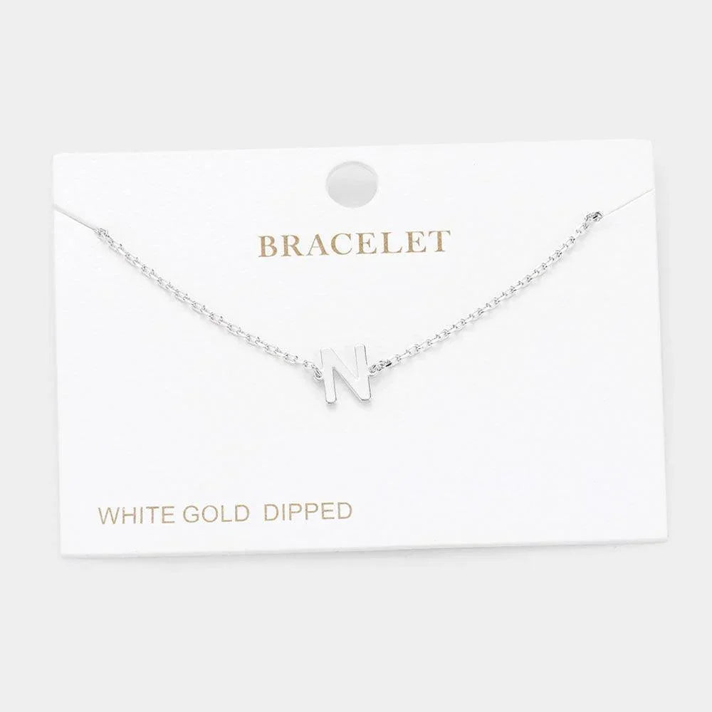 Letter N White Gold Dipped Metal Monogram Charm Bracelet - Jewelry Store by Erik Rayo