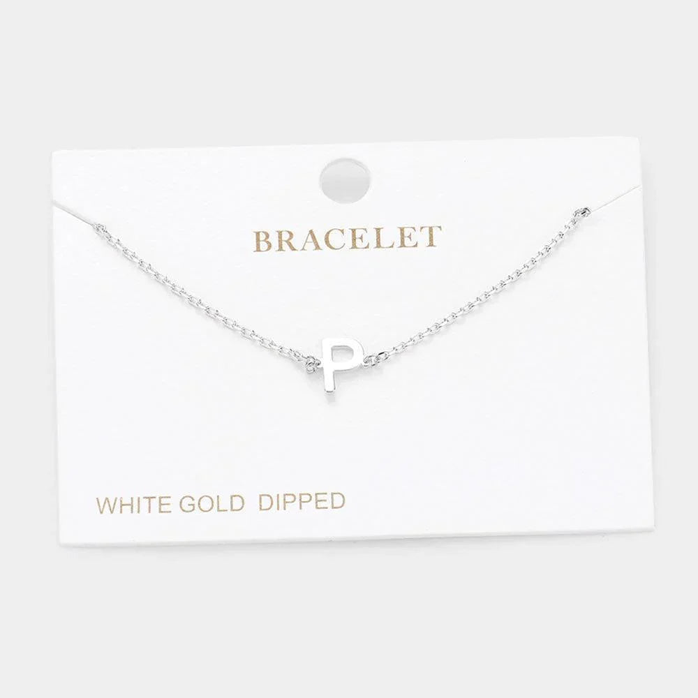 Letter P White Gold Dipped Metal Monogram Charm Bracelet - Jewelry Store by Erik Rayo