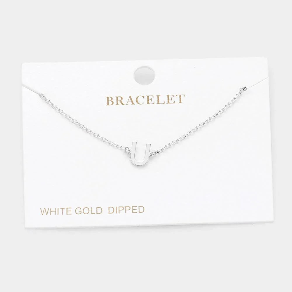 Letter U White Gold Dipped Metal Monogram Charm Bracelet - Jewelry Store by Erik Rayo