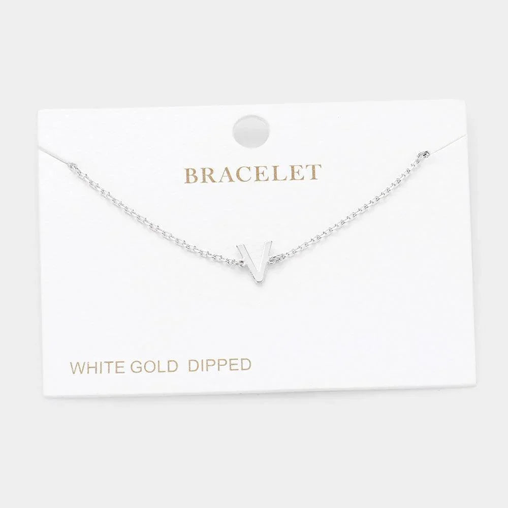 Letter V White Gold Dipped Metal Monogram Charm Bracelet - Jewelry Store by Erik Rayo