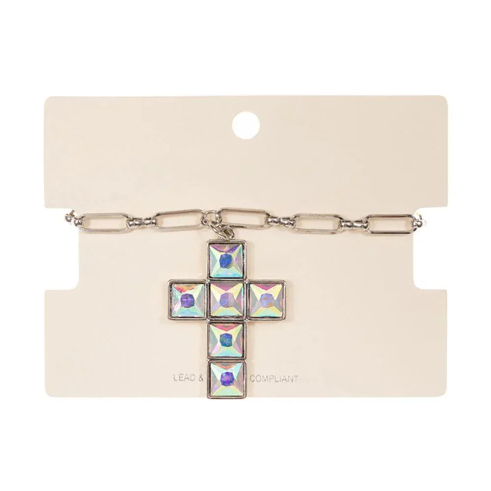 Crystal Stone Cross Charm Bracelet - Jewelry Store by Erik Rayo