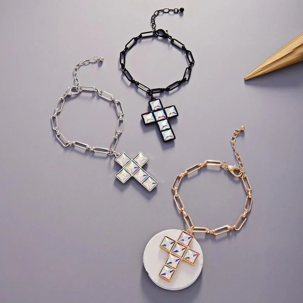 Crystal Stone Cross Charm Bracelet - Jewelry Store by Erik Rayo