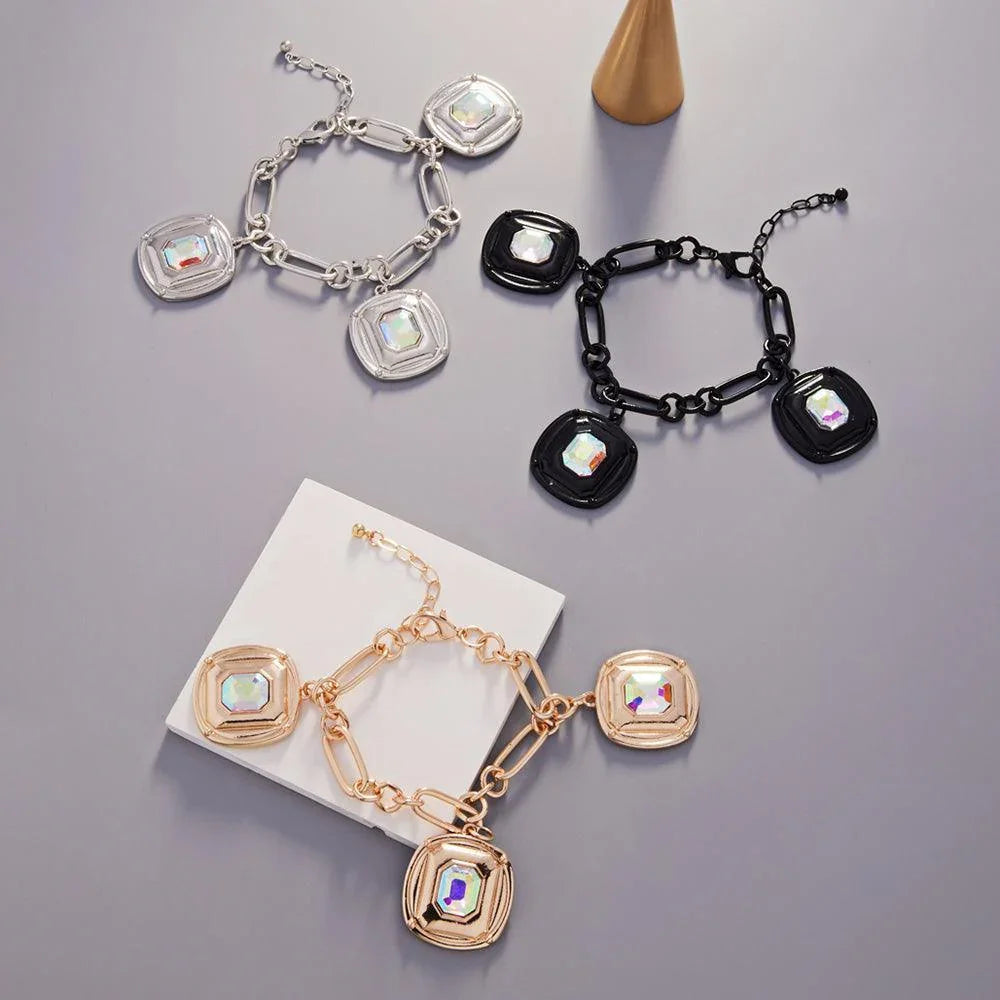 Black Square Crystal Stone Cluster Charm Bracelet - Jewelry Store by Erik Rayo