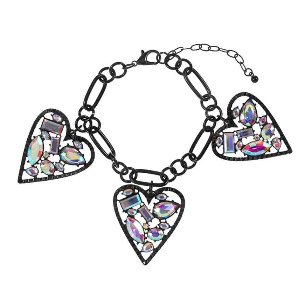Black Stone Cluster Embellished Heart Charm Station Bracelet - Jewelry Store by Erik Rayo