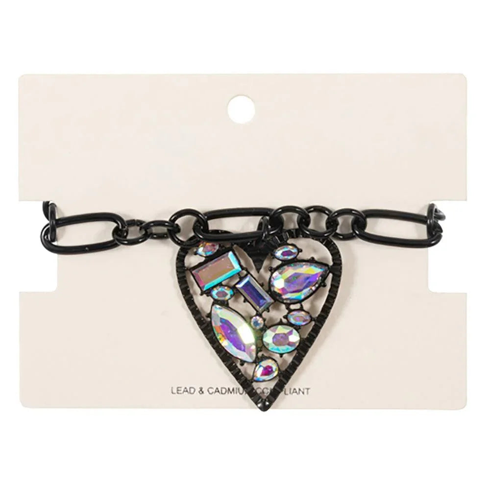 Black Stone Cluster Embellished Heart Charm Station Bracelet - Jewelry Store by Erik Rayo