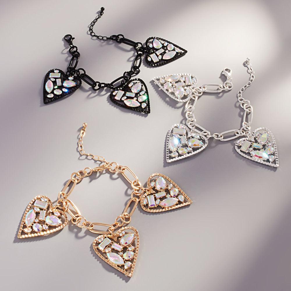 Black Stone Cluster Embellished Heart Charm Station Bracelet - Jewelry Store by Erik Rayo