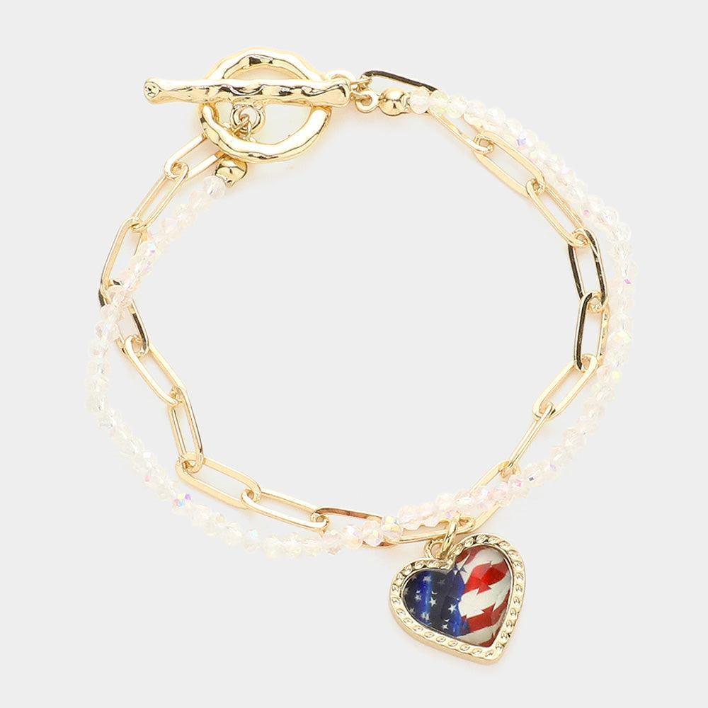 Gold American USA Flag Heart Charm Double Layered Toggle Bracelet - Jewelry Store by Erik Rayo
