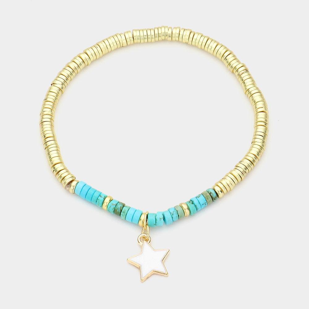 Turquoise Enamel Star Charm Natural Stone Stretch Bracelet - Jewelry Store by Erik Rayo