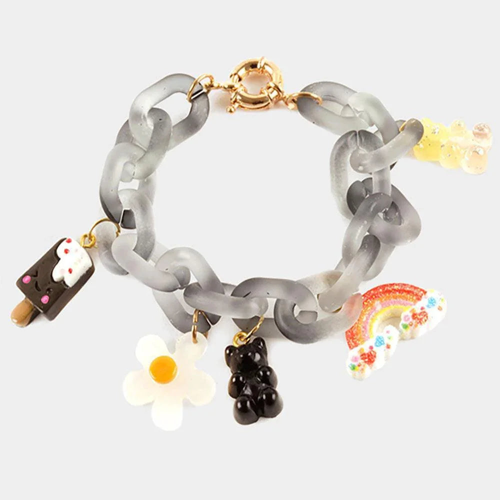 Black Popsicle Flower Gummy Bear Rainbow Charm Resin Open Oval Link Bracelet - Jewelry Store by Erik Rayo