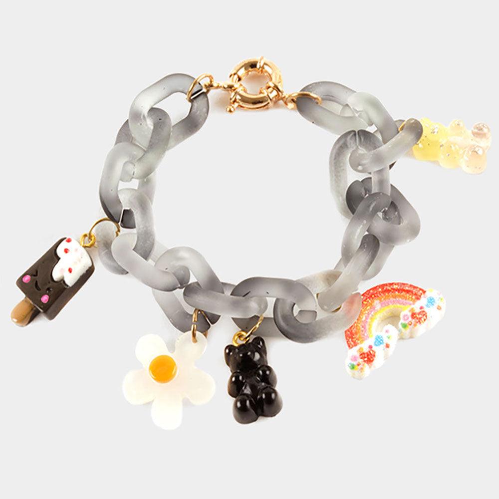 Black Popsicle Flower Gummy Bear Rainbow Charm Resin Open Oval Link Bracelet