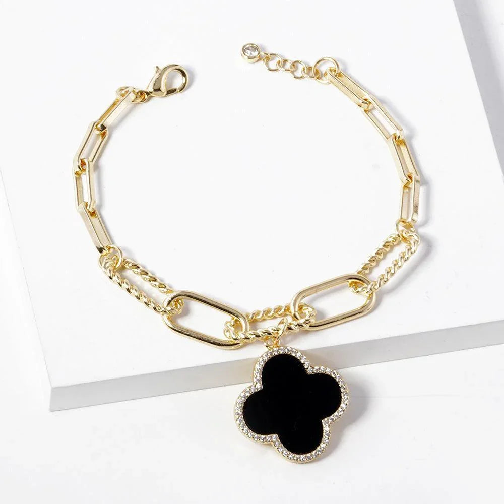 Black Gold Dipped Quatrefoil Charm Paperclip Bracelet - Jewelry Store by Erik Rayo