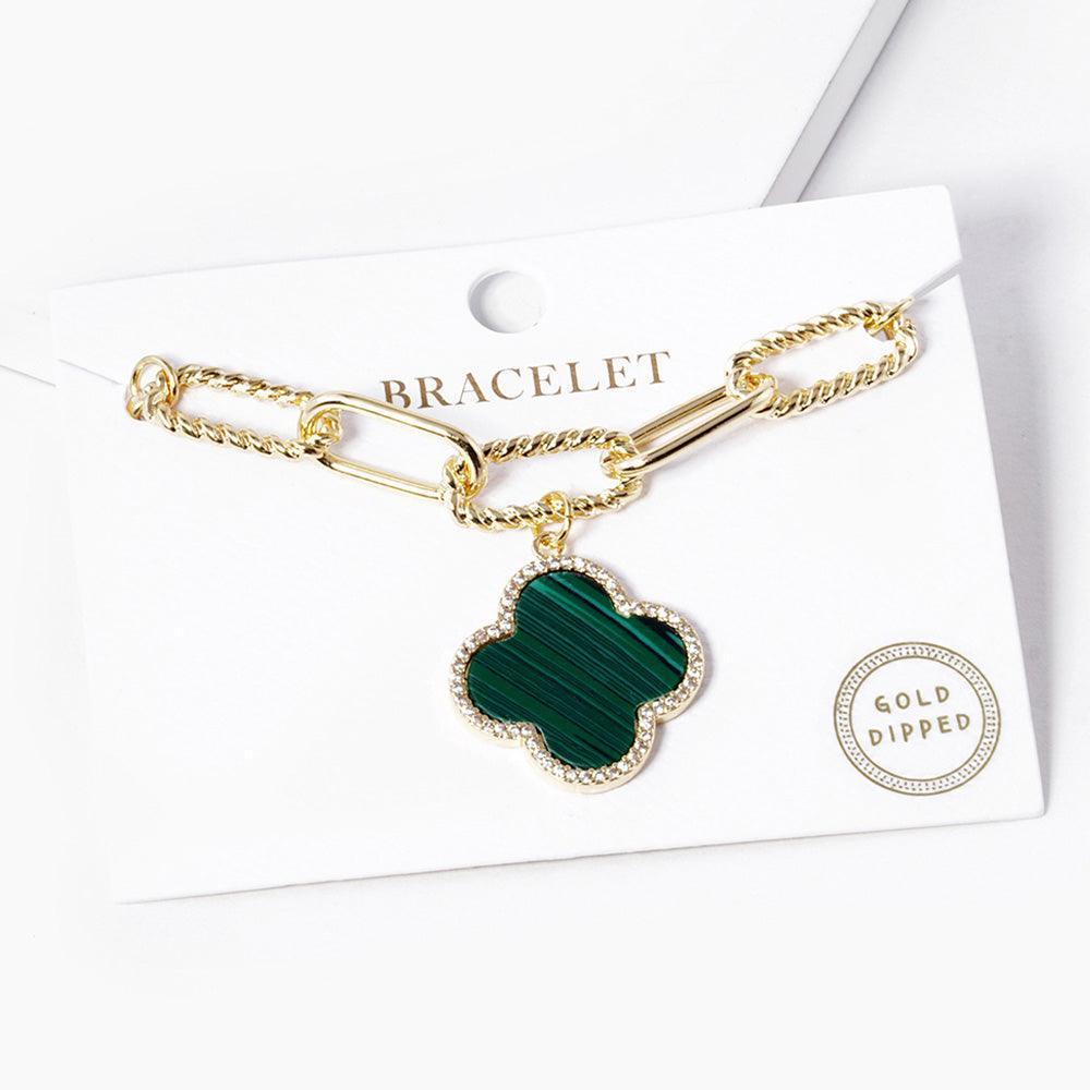 Green Gold Dipped Quatrefoil Charm Paperclip Bracelet