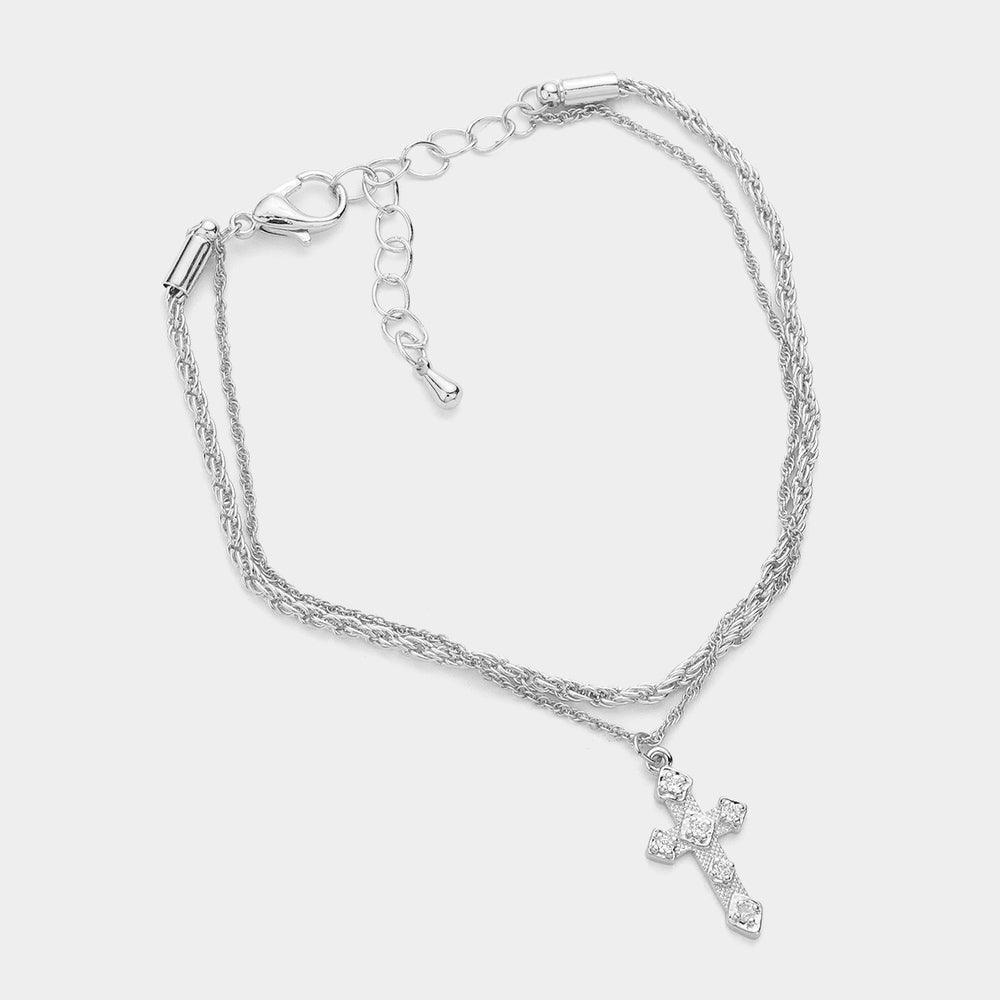 CZ Stone Pointed Cross Charm Brass Double Layered Chain Bracelet - Jewelry Store by Erik Rayo