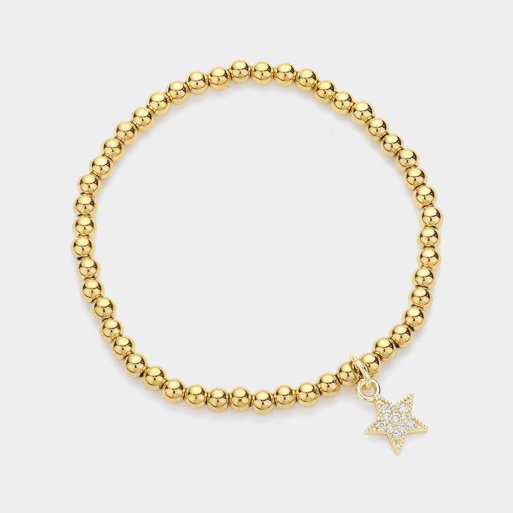Gold Stone Paved Star Charm Stainless Steel Bubble Stretch Bracelet - Jewelry Store by Erik Rayo