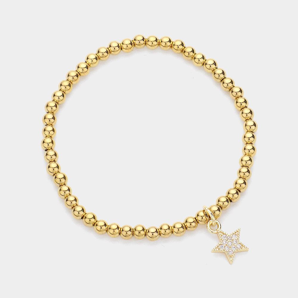 Gold Stone Paved Star Charm Stainless Steel Bubble Stretch Bracelet