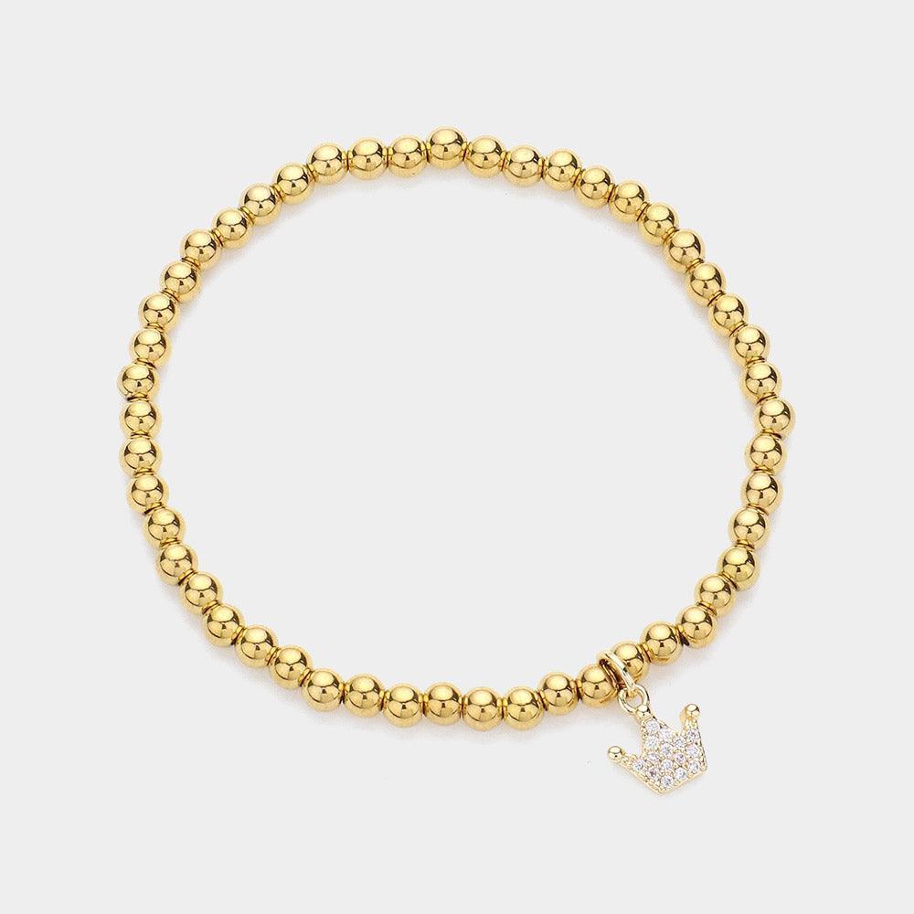 Gold Stone Paved Crown Charm Stainless Steel Bubble Stretch Bracelet - Jewelry Store by Erik Rayo