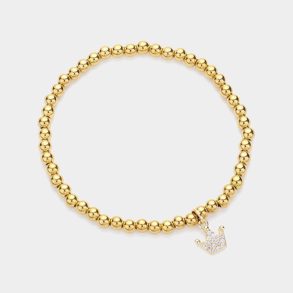 Gold Stone Paved Crown Charm Stainless Steel Bubble Stretch Bracelet
