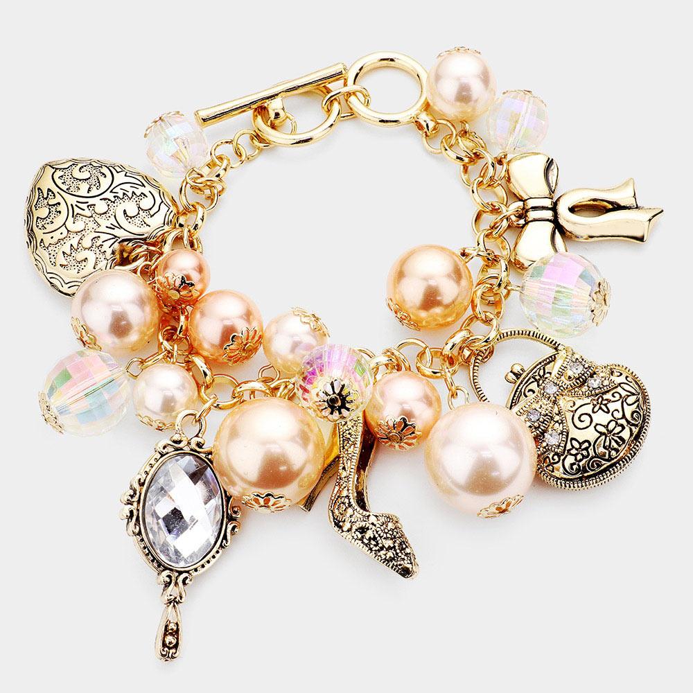 Gold Pearl Metal Bow Bag Stiletto Heel Mirror Heart Charm Toggle Bracelet