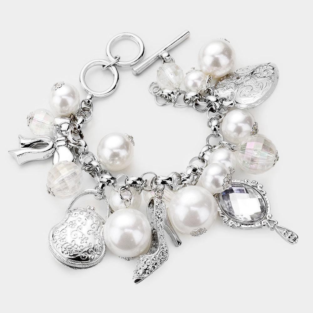 Pearl Metal Bow Bag Stiletto Heel Mirror Heart Charm Toggle Bracelet - Jewelry Store by Erik Rayo