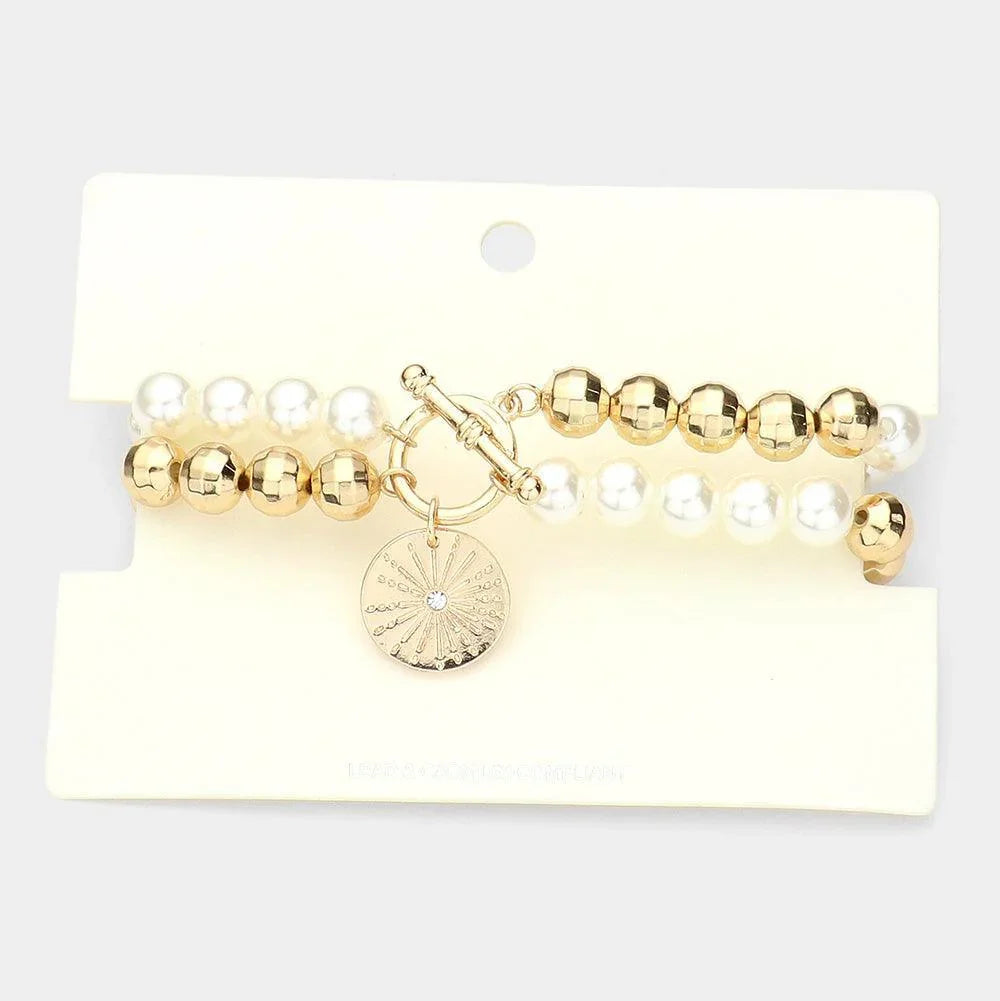 Gold Stone Centered Metal Disc Charm Pearl Stretch Bracelet - Jewelry Store by Erik Rayo