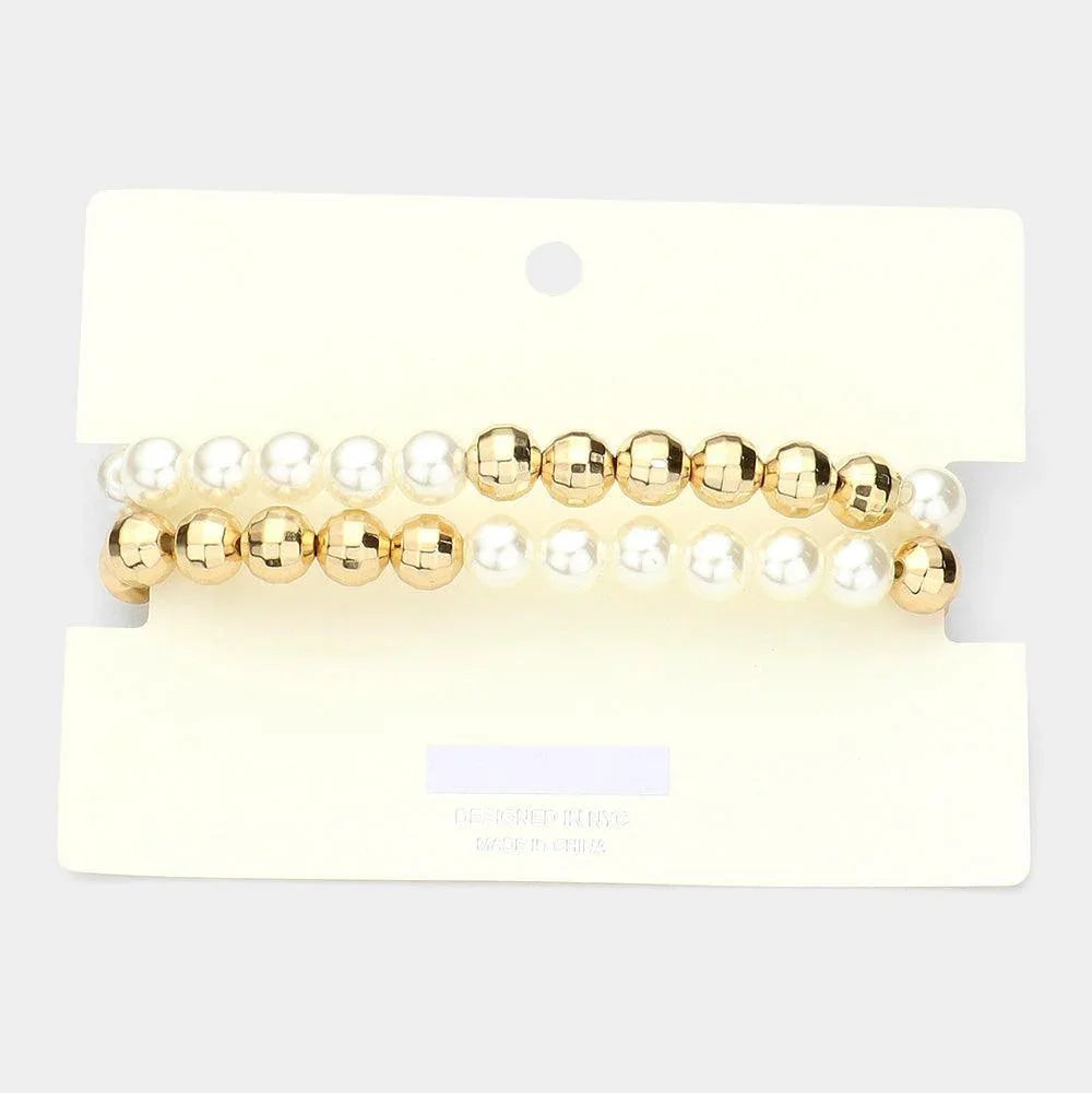 Gold Stone Centered Metal Disc Charm Pearl Stretch Bracelet - Jewelry Store by Erik Rayo